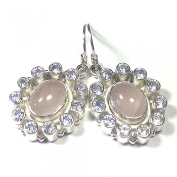 Ethnic Indian design pink rose quartz 925 sterling silver round cz earrings